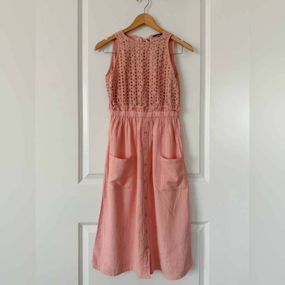 Sleeveless Eyelet Top Button-Front Midi Dress in Peach